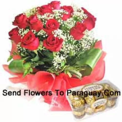 Bunch Of 12 Red Roses With Seasonal Fillers Along With 16 Pcs Ferrero Rochers