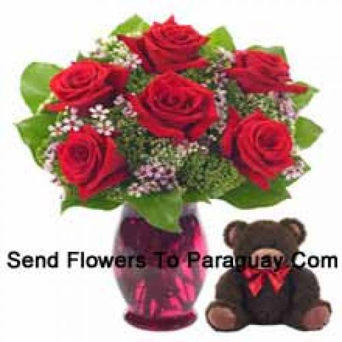 6 Red Roses with Cute 14 Inch Teddy