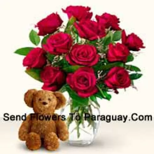 12 Rosas Vermelhas com Algumas Samambaias em um Vaso de Vidro, Juntamente com Um Lindo Urso de Pelúcia Marrom de 12 Polegadas de Altura