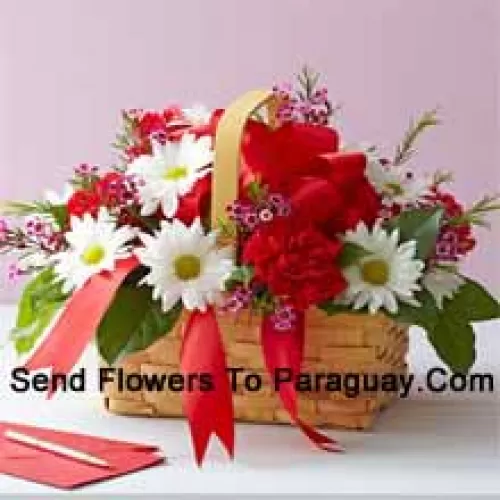 A Beautiful Arrangement Of White Gerberas And Red Carnations With Seasonal Fillers