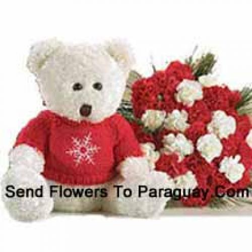 Roses and Carnations with Cuddly Teddy