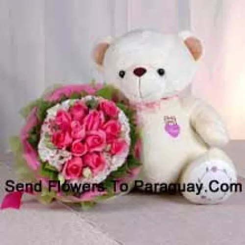 Bunch Of 12 Pink Roses And A Medium Sized Cute Teddy Bear