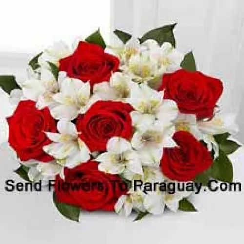 Bunch Of 6 Red Roses And Seasonal White Flowers