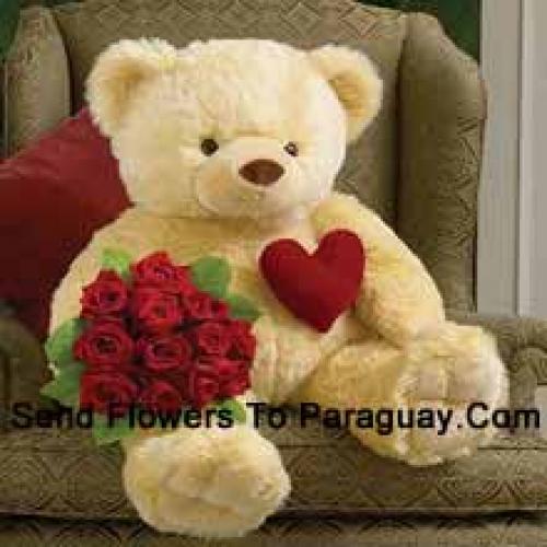 12 Red Roses with Cuddly 32 Inches Teddy