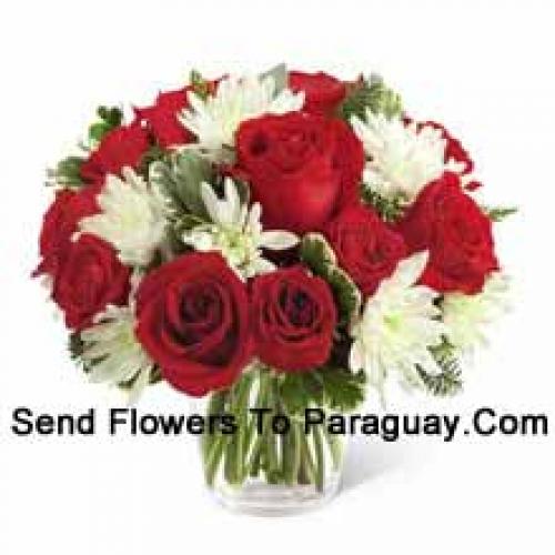 Red Roses and Cute chrysanthemums in Vase