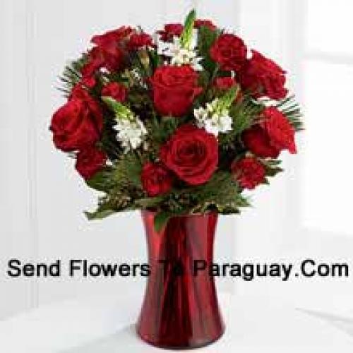 Roses and Assorted Greenery in Red Vase