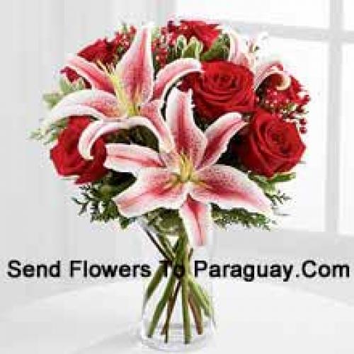 Red Roses with Stargrazer and Assorted Flowers in Vase