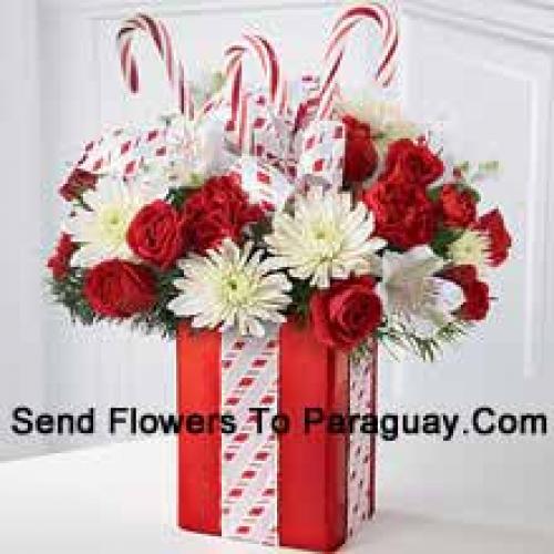 Roses, Mums, Carnations with Greens in Vase